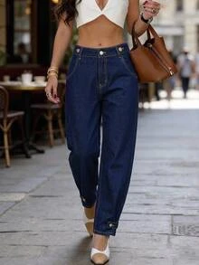 SHEIN BAE Women's Casual Daily Travel Denim Jeans With Pockets And Buttons Fall - Blue - View 5