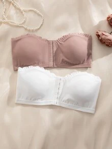 Wedaily 2pcs Women's Multicolor Bras, Front Closure Wave Trim Push-Up Removable Padded Underwire Bras - Multicolor - View 3