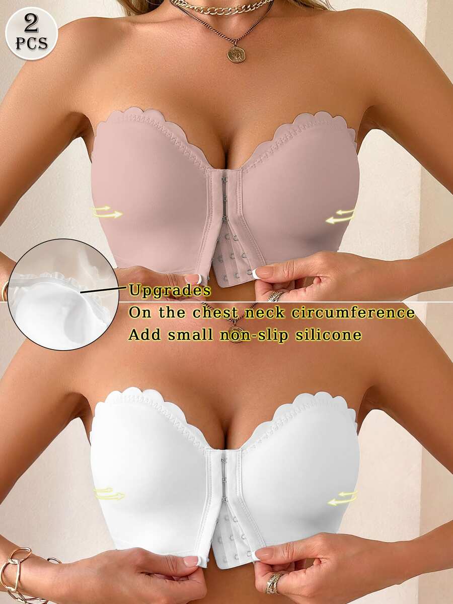 Wedaily 2pcs Women's Multicolor Bras, Front Closure Wave Trim Push-Up Removable Padded Underwire Bras - Multicolor - View 1
