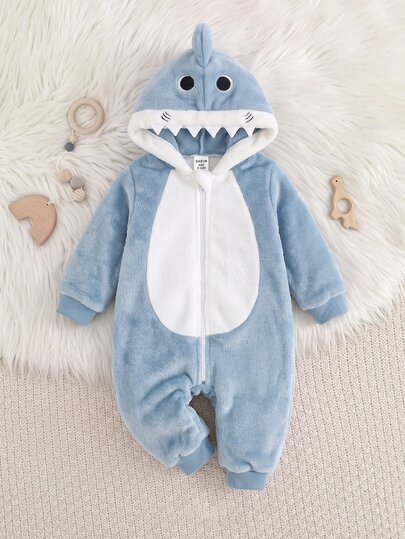 LMoss Kids Kids Baby Boy Fleece Hooded One-Piece, Light Blue Winter Cute Shark Design Thickened Jumpsuit, Suitable For Indoor/Outdoor, Photos, Parties, Siblings Outfit, Sportswear