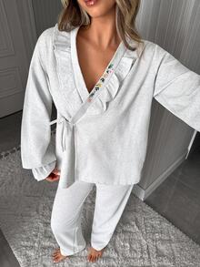 SHEIN Cottnline طقم ملابس منزلية رمادي فاتح بأكمام طويلة مع تطريز على الياقة وتفاصيل ربطة أمامية، كاجوال لطيف ومحتشم للنوم والخريف - وردي مغبر - مشاهدة 5