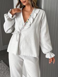 SHEIN Cottnline طقم ملابس منزلية رمادي فاتح بأكمام طويلة مع تطريز على الياقة وتفاصيل ربطة أمامية، كاجوال لطيف ومحتشم للنوم والخريف - وردي مغبر - مشاهدة 6
