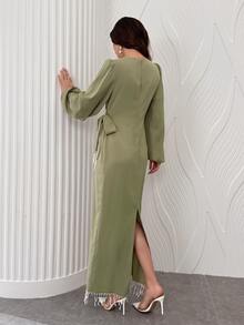 Al Najma Spring/Autumn Fashion Elegant Commuter Round Neck Lantern Sleeve Ruched Tie Design Back Slit Pearl Tassel Soft Date Women's Dress - Green - View 3