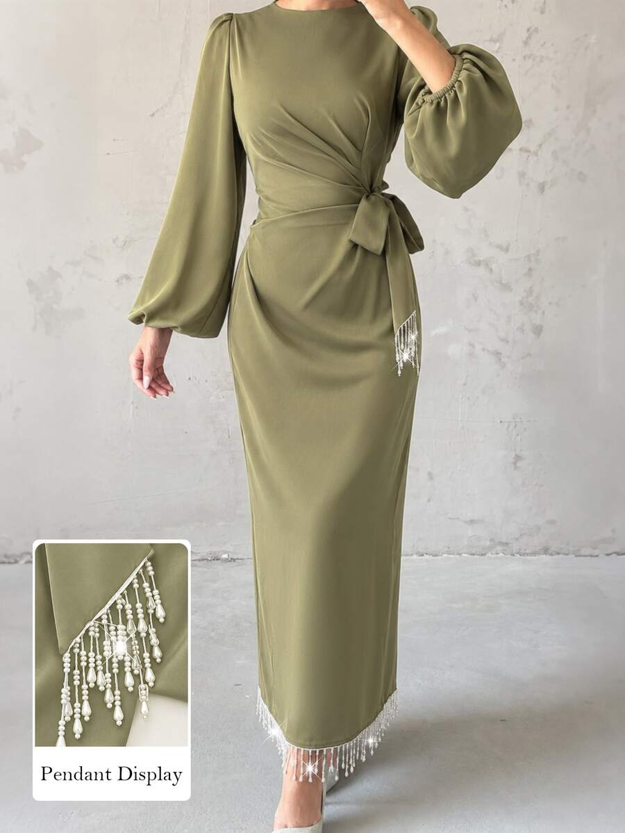 Al Najma Spring/Autumn Fashion Elegant Commuter Round Neck Lantern Sleeve Ruched Tie Design Back Slit Pearl Tassel Soft Date Women's Dress