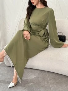 Al Najma Spring/Autumn Fashion Elegant Commuter Round Neck Lantern Sleeve Ruched Tie Design Back Slit Pearl Tassel Soft Date Women's Dress - Green - View 6