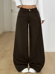 SHEIN Tall 女款寬鬆寬腿休閒百搭牛仔褲，附口袋 - 棕色 - 查看 3