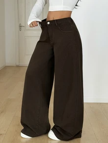 SHEIN Tall 女款寬鬆寬腿休閒百搭牛仔褲，附口袋 - 棕色 - 查看 4