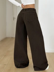SHEIN Tall 女款寬鬆寬腿休閒百搭牛仔褲，附口袋 - 棕色 - 查看 2