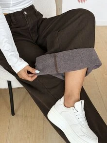 SHEIN Tall 女款寬鬆寬腿休閒百搭牛仔褲，附口袋 - 棕色 - 查看 7