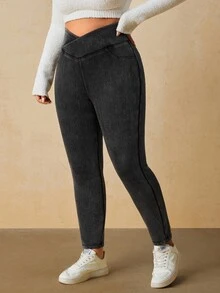 SHEIN Tall CURVE Plus Size Women Solid Color High Waist Stretch Skinny Jeans - Blue - View 7