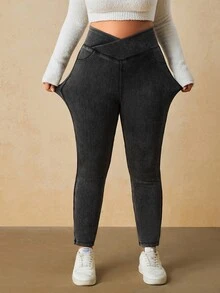 SHEIN Tall CURVE Plus Size Women Solid Color High Waist Stretch Skinny Jeans - Blue - View 8