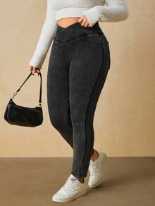 SHEIN Tall CURVE Plus Size Women Solid Color High Waist Stretch Skinny Jeans - Blue - View 4