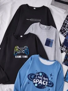 SHEIN 4款隨機發貨 1套睡衣組：青少年男款極簡紳士格紋長袖純色口袋上衣時尚居家服 + 全息遊戲機 + 極簡字母印花 + 星空印花長褲，隨機發送2件套居家睡衣組 - 彩色 - 查看 5