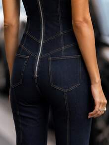 Zerodot Jumpsuit Capri Tanpa Lengan Denim Indigo Gelap Wanita dengan Bordir, Kasual Sehari-hari untuk Musim Gugur dan Pra-Musim Gugur - Royal Blue - View 6
