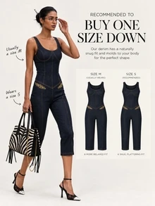 Zerodot Jumpsuit Capri Tanpa Lengan Denim Indigo Gelap Wanita dengan Bordir, Kasual Sehari-hari untuk Musim Gugur dan Pra-Musim Gugur - Royal Blue - View 8