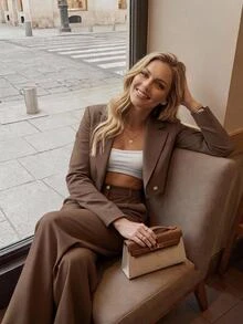 SHEIN Tall Size Women Mocha Brown Solid Color Short Lapel Collar Work Jacket And Trousers Casual Suit Set - Mocha Brown - View 3
