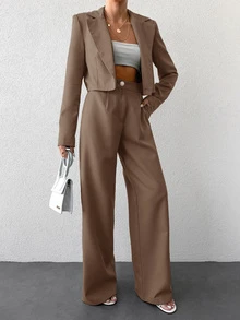 SHEIN Tall Size Women Mocha Brown Solid Color Short Lapel Collar Work Jacket And Trousers Casual Suit Set - Mocha Brown - View 9