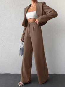 SHEIN Tall Size Women Mocha Brown Solid Color Short Lapel Collar Work Jacket And Trousers Casual Suit Set - Mocha Brown - View 7
