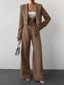 SHEIN Tall Size Women Mocha Brown Solid Color Short Lapel Collar Work Jacket And Trousers Casual Suit Set - Mocha Brown - View 5