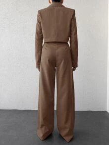 SHEIN Tall Size Women Mocha Brown Solid Color Short Lapel Collar Work Jacket And Trousers Casual Suit Set - Mocha Brown - View 2