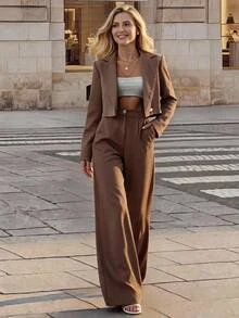 SHEIN Tall Size Women Mocha Brown Solid Color Short Lapel Collar Work Jacket And Trousers Casual Suit Set - Mocha Brown - View 1