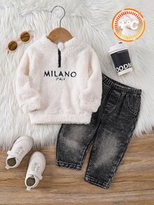 SHEIN Baby Boy Letter Embroidery Teddy Autumn Winter Sweatshirt & Jeans - Multicolor - View 3