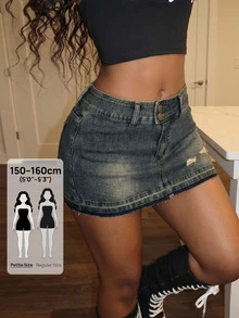 SHEIN PETITE Women's Button Distressed Casual 90s 2000s Daily Going Out Denim Mini Skirt Summer Elegant Y2k Cute Basic Chic Halloween New Year Christmas Dark Blue - Blue - View 1
