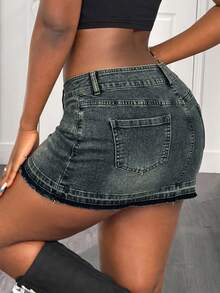 SHEIN PETITE Women's Button Distressed Casual 90s 2000s Daily Going Out Denim Mini Skirt Summer Elegant Y2k Cute Basic Chic Halloween New Year Christmas Dark Blue - Blue - View 3
