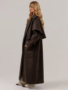 RueChic Women's Chocolate Brown Longline Belted Wrap Coat With Belted Waist And Functional Pockets - بني - مشاهدة 6