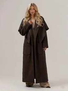 RueChic Women's Chocolate Brown Longline Belted Wrap Coat With Belted Waist And Functional Pockets - بني - مشاهدة 3
