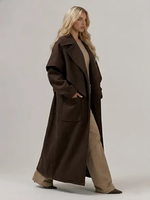 RueChic Women's Chocolate Brown Longline Belted Wrap Coat With Belted Waist And Functional Pockets - بني - مشاهدة 1