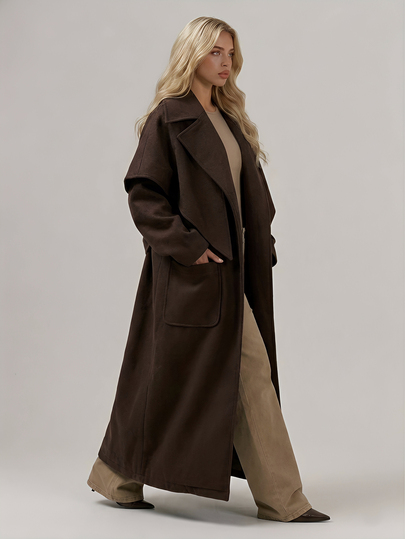 RueChic Women's Chocolate Brown Longline Belted Wrap Coat With Belted Waist And Functional Pockets