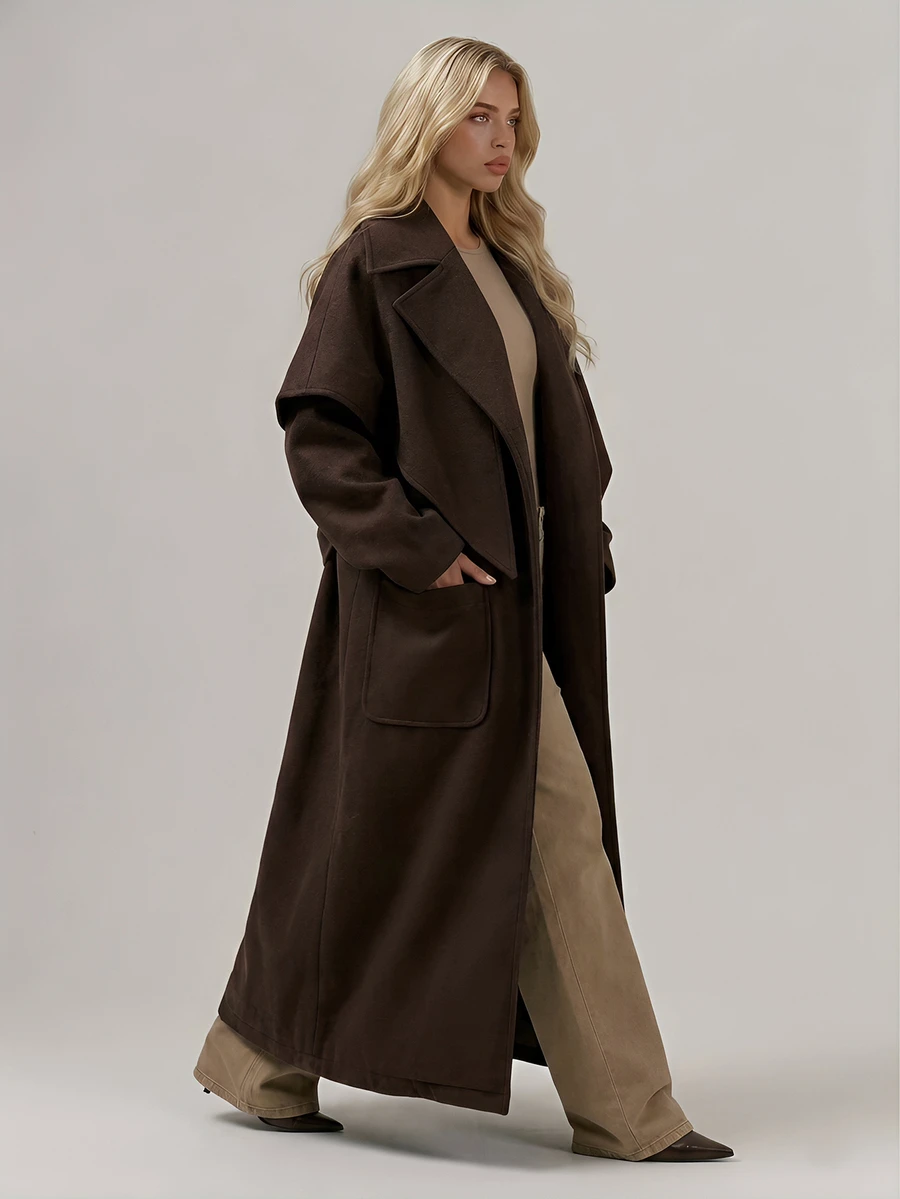 RueChic Women's Chocolate Brown Longline Belted Wrap Coat With Belted Waist And Functional Pockets - بني - مشاهدة 1
