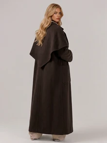RueChic Women's Chocolate Brown Longline Belted Wrap Coat With Belted Waist And Functional Pockets - بني - مشاهدة 5