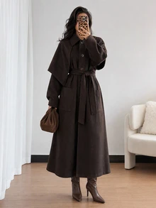 RueChic Women's Chocolate Brown Longline Belted Wrap Coat With Belted Waist And Functional Pockets - بني - مشاهدة 4