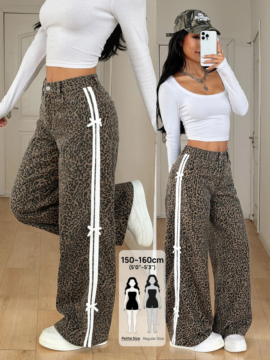 SHEIN PETITE Women's High Waist Leopard Print Side Decor Denim Jeans - Brown - View 1