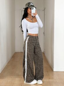 SHEIN PETITE 女款高腰豹紋側邊裝飾牛仔褲 - 棕色 - 查看 6
