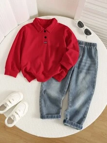 SHEIN 2件組男孩秋冬休閒紅色 Polo 運動衫與牛仔褲套裝，紅色穿搭，聖誕套裝，運動衫套裝，Polo 套裝，男孩套裝，秋冬套裝 - 彩色 - 查看 3