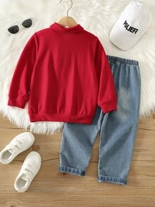 SHEIN 2件組男孩秋冬休閒紅色 Polo 運動衫與牛仔褲套裝，紅色穿搭，聖誕套裝，運動衫套裝，Polo 套裝，男孩套裝，秋冬套裝 - 彩色 - 查看 2
