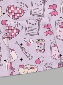 PopScrub Pink And Purple Cartoon -Themed Printed Surgical Gown Jacket, A Fashionable Cardigan For Spring And Summer With Looped Details, Suitable For Women's Nurses And Staff, And Can Be Worn In Hospitals And Various Clinics. - Multicolor - View 4