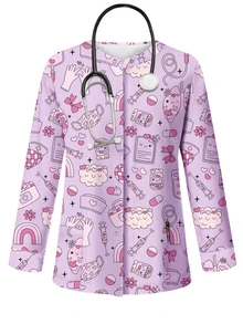 PopScrub Pink And Purple Cartoon -Themed Printed Surgical Gown Jacket, A Fashionable Cardigan For Spring And Summer With Looped Details, Suitable For Women's Nurses And Staff, And Can Be Worn In Hospitals And Various Clinics. - Multicolor - View 5