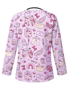 PopScrub Pink And Purple Cartoon -Themed Printed Surgical Gown Jacket, A Fashionable Cardigan For Spring And Summer With Looped Details, Suitable For Women's Nurses And Staff, And Can Be Worn In Hospitals And Various Clinics. - Multicolor - View 2