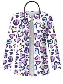 PopScrub Allover White Heart Print Scrub Jacket Autumn Fashion Cardigan With Ear-Loop Design Women's Nurse Scrub Top Suitable For Hospital Clinic Maid Nursing - Multicolor - View 1
