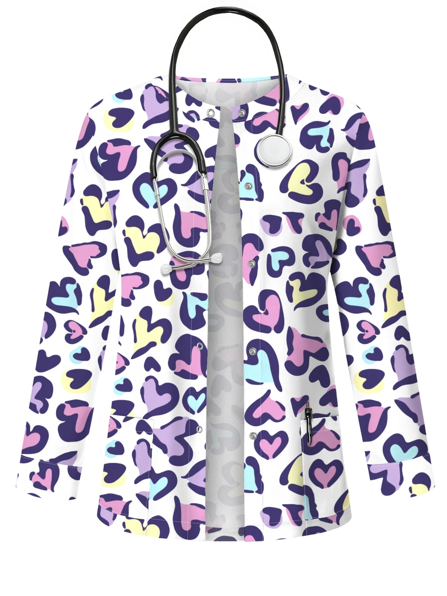 PopScrub Allover White Heart Print Scrub Jacket Autumn Fashion Cardigan With Ear-Loop Design Women's Nurse Scrub Top Suitable For Hospital Clinic Maid Nursing - Multicolor - View 1