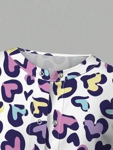 PopScrub Allover White Heart Print Scrub Jacket Autumn Fashion Cardigan With Ear-Loop Design Women's Nurse Scrub Top Suitable For Hospital Clinic Maid Nursing - Multicolor - View 6