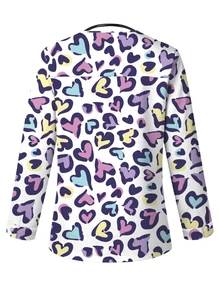 PopScrub Allover White Heart Print Scrub Jacket Autumn Fashion Cardigan With Ear-Loop Design Women's Nurse Scrub Top Suitable For Hospital Clinic Maid Nursing - Multicolor - View 2