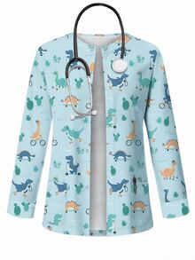 PopScrub Cute Cartoon Blue Dinosaur Print Women's /Nursing Scrub Uniform Jacket - Multicolor - View 1