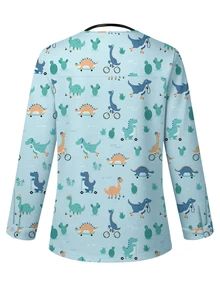 PopScrub Cute Cartoon Blue Dinosaur Print Women's /Nursing Scrub Uniform Jacket - Multicolor - View 2