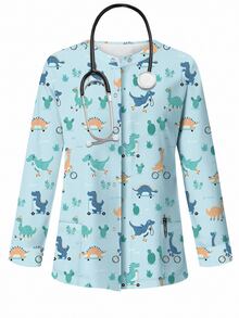 PopScrub Cute Cartoon Blue Dinosaur Print Women's /Nursing Scrub Uniform Jacket - Multicolor - View 5
