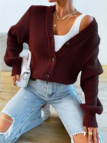 EURMUSE Women's Casual Solid Color Button-Up Long Sleeve Cardigan - Burgundy - View 6